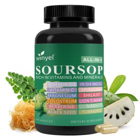 Soursop Supplement Containing 20 Herbal Extracts Including Seaweed, Lion's Mane Mushroom, Turmeric, Black Seed Oil, Oregano, And Mullein, Promoting Ov