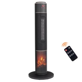 33inch Tower Space Heater With 3D Flame, 1500W Portable Electric Heater With Thermostat, 60 Degrees Oscillation, Timer, Remote Control, For Indoor Bed