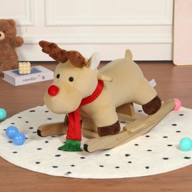 Kids Ride-On Rocking Horse Toy With Lullaby Song,Moose Rocking Toy With Hand Puppets And Safety Belt For Children 1-3 Years,Soft Plush Fabric,Apricot,
