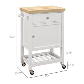 Kitchen Island On Wheels, Rolling Kitchen Cart With Rubberwood Top, Drawer, Wine Rack And Cabinet, White